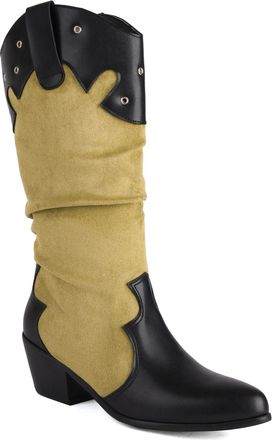 Generic Womens Round Toe Cowboy Boots with Embroidery Stitches Chunky Heel Mid Calf Boots Pull on Cowgirl Western Boots,Green,6.5 UK