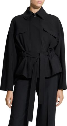Theory Flight Tie Waist Stretch Wool Jacket in Black - 001 at Nordstrom, Size X-Large