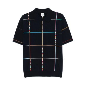 Paul Smith Polo Shirts, male, Blue, Size: M Signature Stripe Check Knitted Cotton Polo Shirt