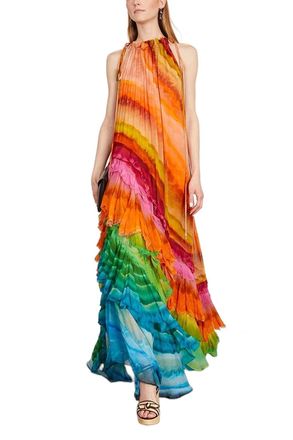 Generic Elegant Halter Neck Rainbow Ruffle Hem Floral Long Dress for Weddings and Special Occasions