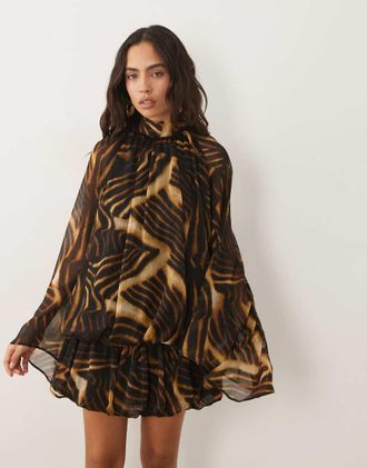 Asos Vestito corto a palloncino con stampa animalier astratta e allacciatura al collo-Multicolore