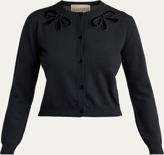 Valentino Garavani Velvet Bow Wool Crewneck Cardigan