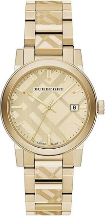 Burberry BU9038 The City Engraved Checked Gold Unisex Watch Stainless Steel - One Size