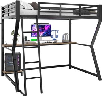 STILVORA Cama Alta 90 &times; 200 Cm, Cama Individual Con Escritorio, Estante Pc, Enchufe, Usb Y Led, Sin Colch&oacute;n, Negra