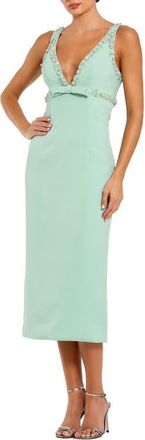 Mac Duggal Plunging Beaded Bow Trim V Neck Fitted Midi Dress in Sage at Nordstrom, Size 12