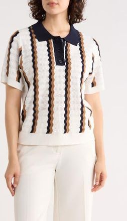 Adrianna Papell Stripe Pointelle Polo Sweater in Ivory/Camel/Navy at Nordstrom Rack, Size X-Small