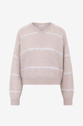 Brunello Cucinelli Boxy-Pullover aus Alpaka und Wolle mit V-Ausschnitt Dazzling Stripes