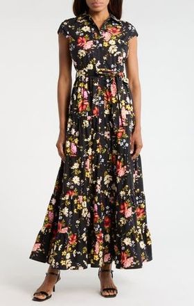 Avec Les Filles Floral Cap Sleeve Cotton Shirtdress in Black Flower Press at Nordstrom Rack, Size 10