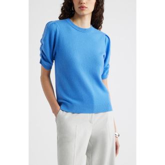 Nordstrom Ruched Short Sleeve Cashmere Sweater in Blue Stream at Nordstrom, Size Xx-Small