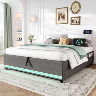 Merax 4ft6 Double Hydraulic Storage Bed with LED, Charging Station in Grey