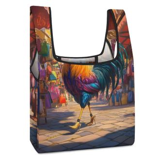 Generic Rooster in High Heels Shopping Reusable Shopping Bags Lightweight Foldable Grocery Bag Polyester Washable Tote Bag