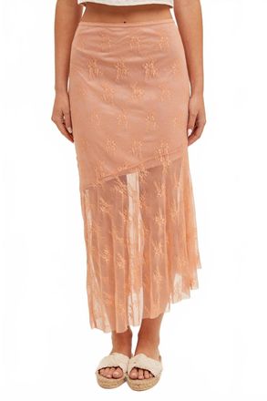Hem & Thread Asymmetrical Lace Midi Skirt In Coral