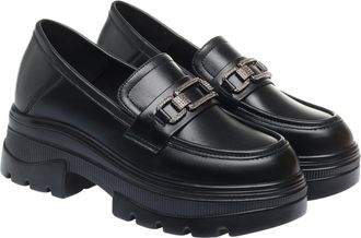 Generic Womens Black Platform Loafers Patent Leather Chunky Penny Loafer Casual Dressy Business Shoes with Buckle Lug Sole (Black-B,5)