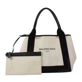 Balenciaga Beige Black Canvas Leather Pouch Tote Bag (Pre-Owned)