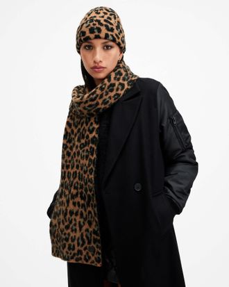 AllSaints Alpaca/Wool Lex Leopard Print Brushed Scarf, Size: 74x10 inch