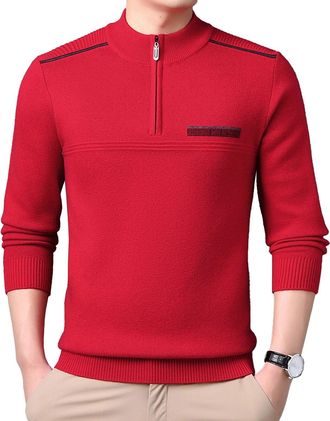Generic Casual Fall Clothes for Men Slim Fit Mock Neck Quarter Zip Pullover Sweater Sweaters Mens Red Medium