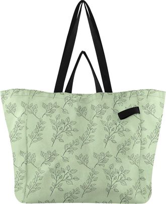 Generic Flower Leaves Green print Reusable Canvas Tote Bag, Heavy Duty Grocery Shopping Bag with Hard Bottom Large Capacity Double Handles Work Groceries Trav