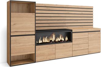 Skraut Home Zapatero efecto madera roble 274x35x145cm chimenea efecto fuego