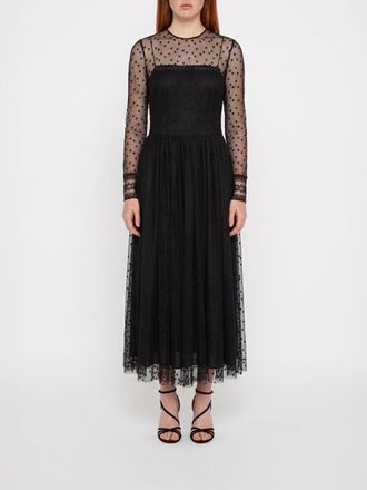 Alberta Ferretti Tulle Midi Ceremony Dress with Long Sleeves and a Crew Neck
