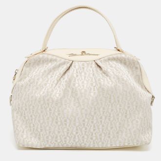 Aigner White/cream Monogram Canvas And Patent Leather Logo Satchel