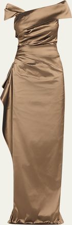 Teri Jon Off-Shoulder Stretch Taffeta Column Gown