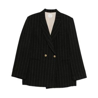Alysi Jassen, Dames, Zwart, S, Leer, Nadelstreep Double-Breasted Blazer