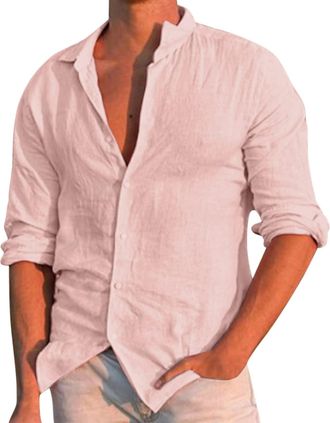 Generic Linen Shirts Men - Mens Grandad Shirt Casual Long Sleeve Shirt Summer Hippie Shirts Loose Tops for Men Grandad Collar Lightweight Vacation Work Shirt 