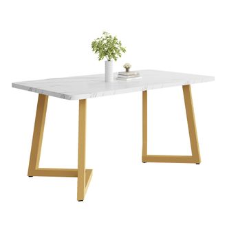 STILVORA Mesa De Comedor Rectangular En Mdf Con Motivo Marmoleado Y Patas De Metal - 117&times;68 Cm, Blanco Y Dorado