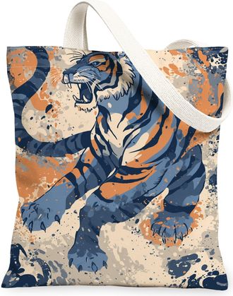 Generic Artistic Tiger Canvas Tote Bags, Vibrant Animal Print Reusable Grocery Bags, Eco-Friendly Lightweight Washable Shoulder Str, Orange, 13x15 Inch