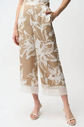 Joseph Ribkoff Satin Floral Lace Hem Culotte Pants In Beige/vanilla