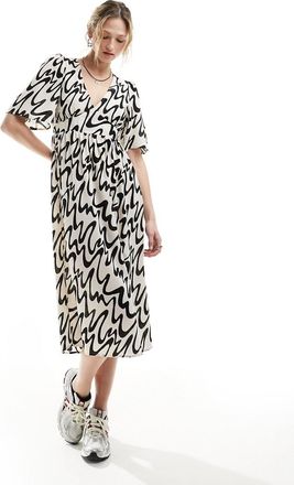 Monki short sleeve midi sun dress with side split in mono abstract print exclusive to ASOS-Multi