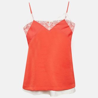 Maje Orange/white Crepe And Satin Lace Trim Camisole Top Set Of 2