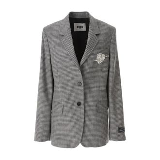 Msgm Blazers, female, Gray, M, Wool Jacket with Rhinestone Heart