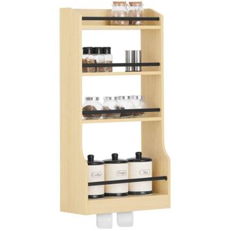 SoBuy Sobuy - Estantería Pared de Madera para Cocina Guardar Tarros de Especias con 3 Ganchos Especiero de Cocina para Almacenamiento Tazas 38 x 17 x 75 cm
