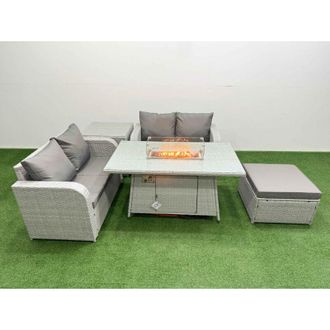 Fimous 5 Seater Outdoor Love Sofa Set Rattan Garden Furniture Set with Firepit Dining Table Big Footstool Side Table Light Grey - Fimous