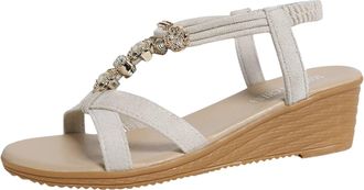 Generic Cocila Walking Sandals For Women Uk Shoes Thick Sole Loose Color Blocking Middle Heel Heels Casual Fashion All Beige, 4.5 Flat Gold Flats Strappy Wedg