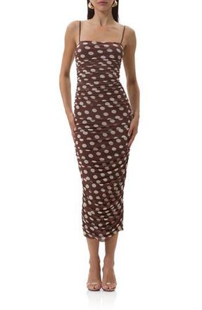 AFRM Hazel Ruched Mesh Midi Dress in Chocolate Halo Dot at Nordstrom Rack, Size X-Small