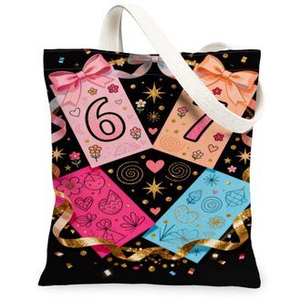 Generic Festive Stars Canvas Tote Bags, Colorful Gift Tags Pattern Reusable Shopping Bags, Holiday Lightweight Washable Shoulder St, Black, 13x15 Inch