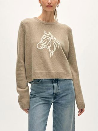 White + Warren Cashmere Blend Horse Embroidered Crewneck Sweater In Misty Brown Ivory