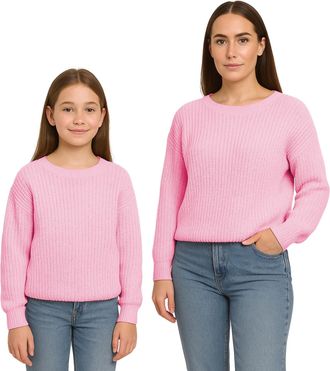 Janisramone Mother and Daughter Matching Jumpers, Long Sleeve Baggy Fisherman Sweater, Chunky Knitted Crew Neck Oversized Jumpers, Warm Winter Chunky Sweater Wome