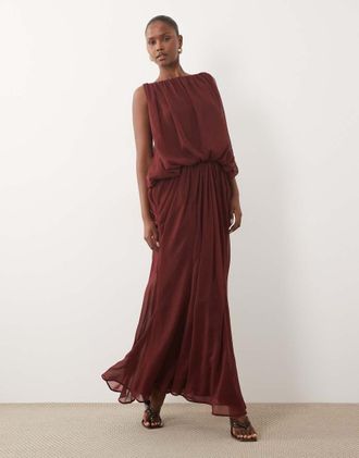 Asos vestito maxi con drappeggio e blouson con schiena bassa in hot chocolate-Marrone