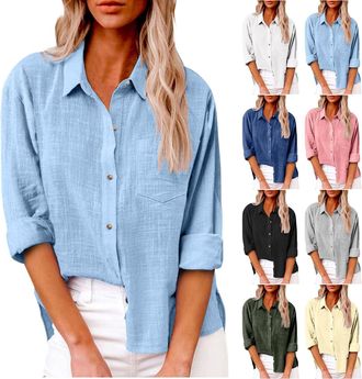 Generic Womens Long Sleeve Shirt Tops Casual Button Down Cotton Linen Shirts Women Summer Blouses V Neck Roll Up Collared Loose Oversized Tees Dressy Tops for
