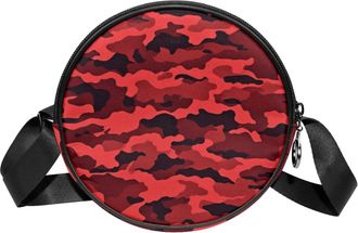 Generic Circle Crossbody Bag for Women, Red Camouflage Small Sling Bag Daypack with Zipper Adjustable Shoulder Straps Casual Ladies Girls Round Purse
