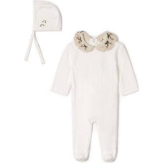 Lola Velour Crochet Collar Snap Back Romper and Bonnet Set in Off White at Nordstrom, Size 3M