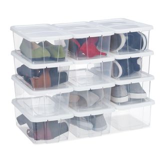Relaxdays 12 Cajas Pl&aacute;stico Para Zapatos, Apilables, Organizadores Calzado, Con Tapa, 12,5x20x34,5cm, Blanco - Relaxdays