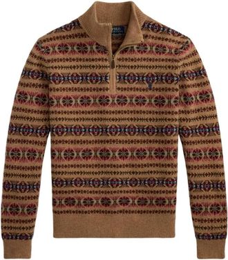 Polo Ralph Lauren Mockneck Fair Isle Sweater - Heren - Vesten met rits - Bruin - L - Wol - Hoodies & sweatvesten