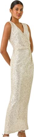 Roman Womens Sequin Twist Detail Maxi Dress - Silver - Size 18 UK