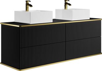 Vente-Unique Mueble de baño suspendido estriado con ribete dorado y doble lavabo cuadrado - Negro - 150 cm - KELIZA