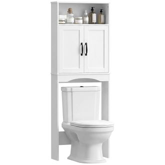 HOMCOM Homcom Mueble Sobre Inodoro, Armario Sobre Inodoro, Mueble De Ba&ntilde;o Con 2 Puertas De Cierre Silencioso, Estante Abierto, 64x21x173,5 Cm, Blanco