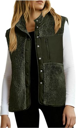 Generic Womens Gilets Sleeveless Stand Collar Coats Thermal Button Down Vests with Pockets Ladies Plain Color Sherpa Lined Waistcoats Lightweight Casual Loose
